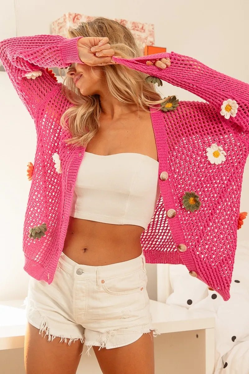 BiBi Flower Patches Open Knit Sweater Cardigan - Studio ZD -