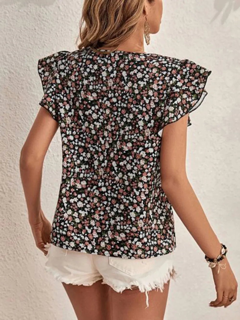 Ditsy Floral Round Neck Cap Sleeve Top - Studio ZD -