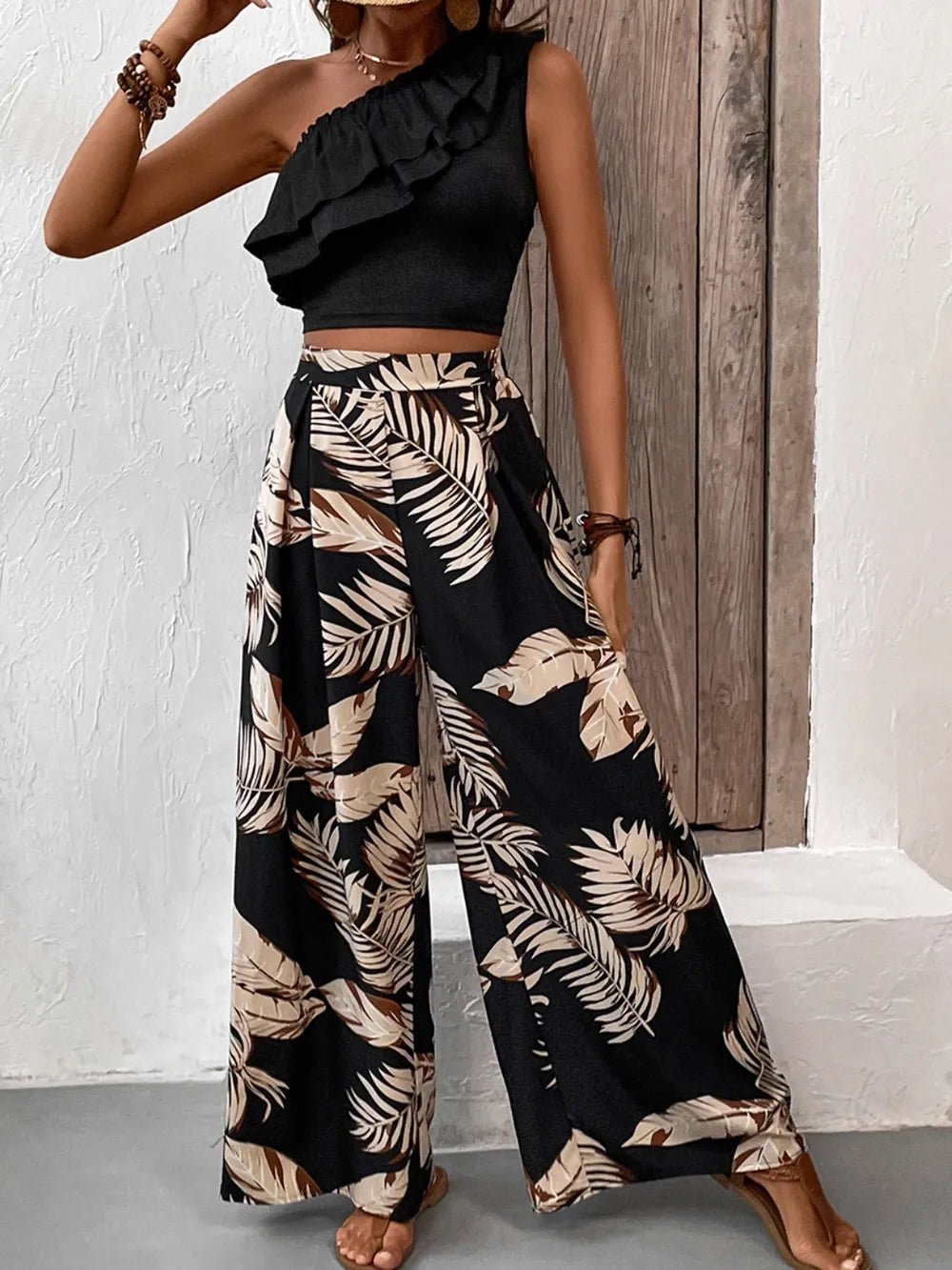 Honey Ruffled Sleeveless Top and Printed Pants Set - Studio ZD -