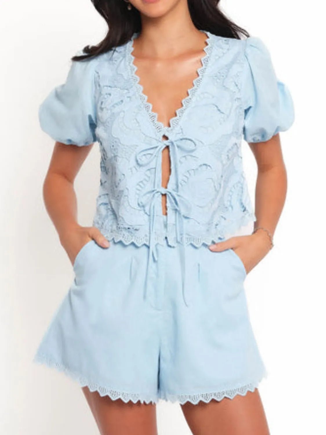 Lace Detail V - Neck Top and Shorts Set - Studio ZD -