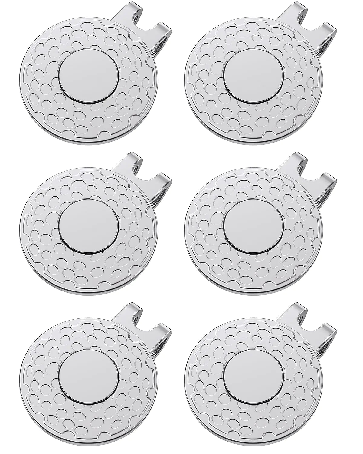 GreenHaven 6 Pack Golf Hat Clips Magnetic Golf Ball Marker Holders for Golf Hats Caps Pants Gloves Bags Visors Belts Patterned Alloy Clips for Metal Golf Ball Markers (Ball Marker Not Included)Silver
