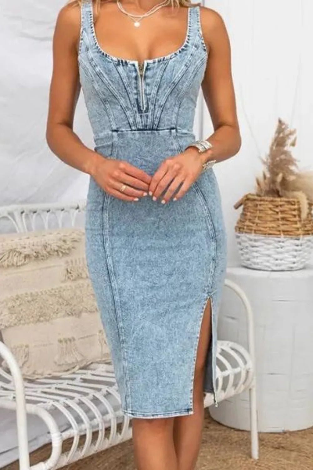 Side Slit Washed Scoop Neck Denim Dress - Studio ZD -