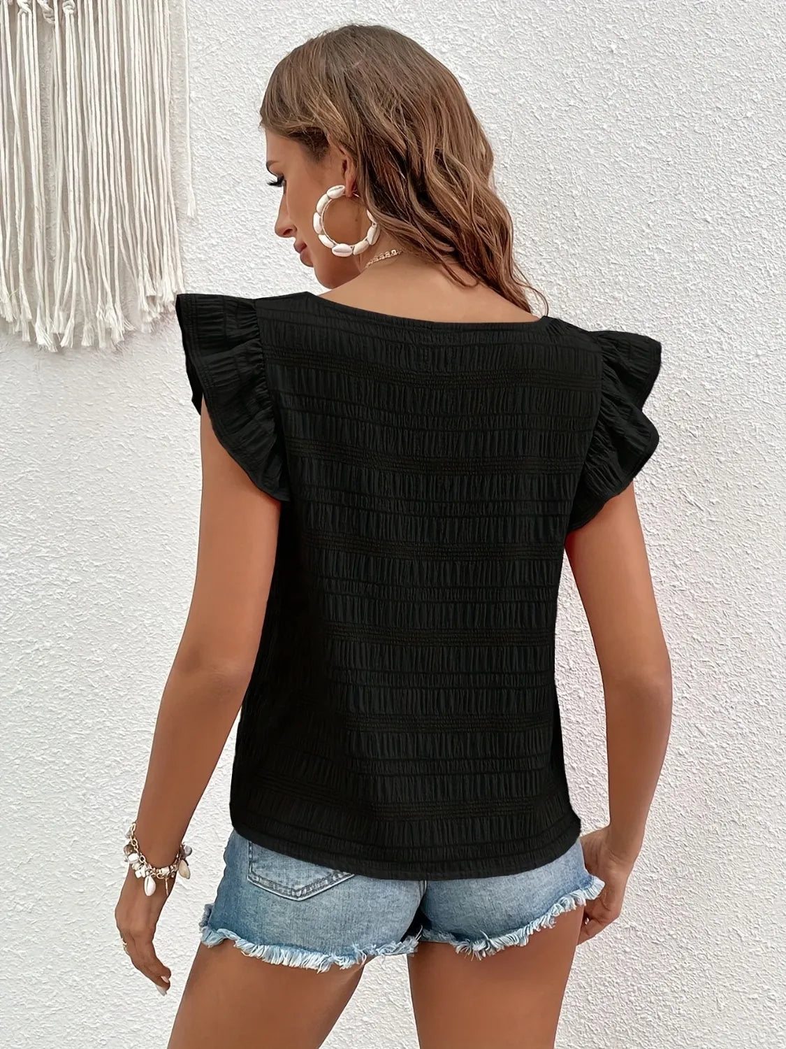 Square Neck Cap Sleeve Blouse - Studio ZD -