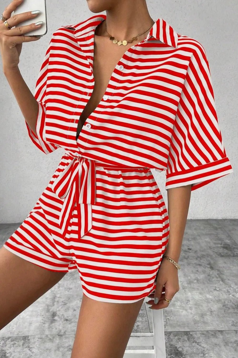 Striped Collared Neck Tie Waist Romper - Studio ZD -