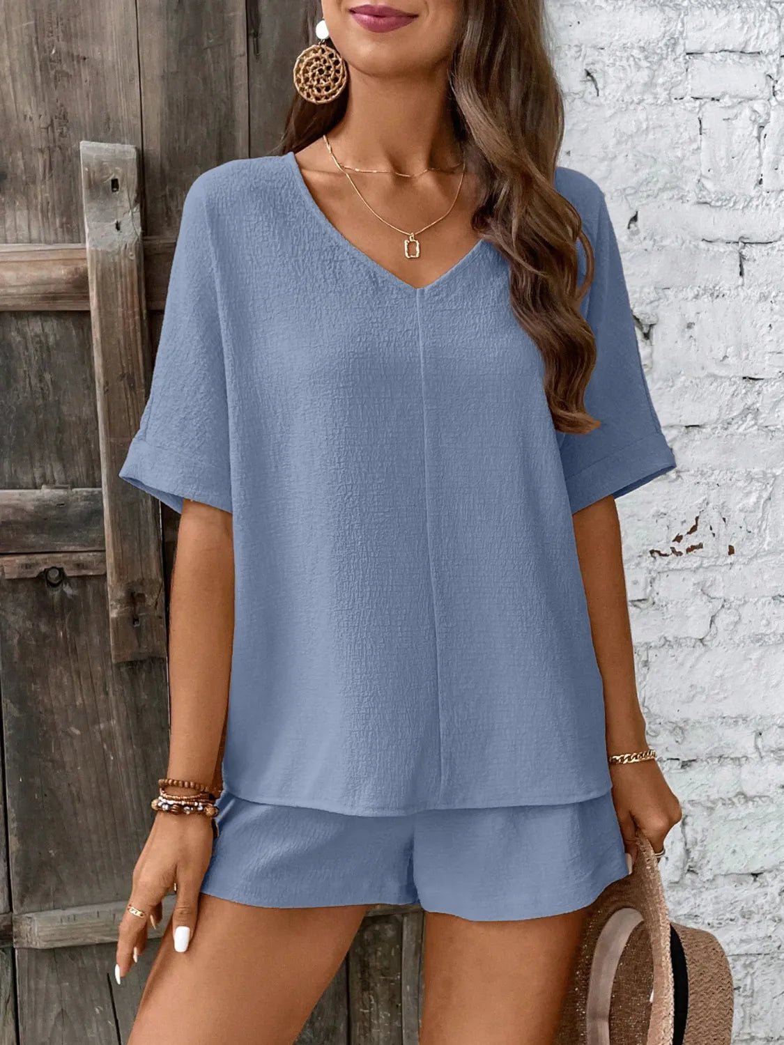V - Neck Half Sleeve Top and Shorts Set - Studio ZD -