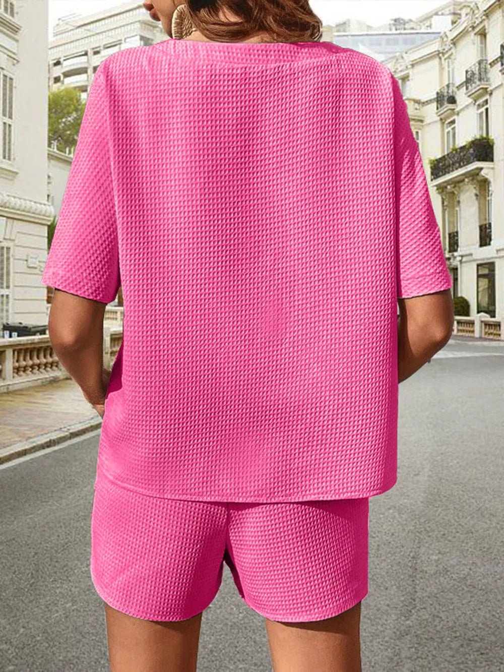 Waffle - Knit Half Sleeve Top and Shorts Set - Studio ZD -