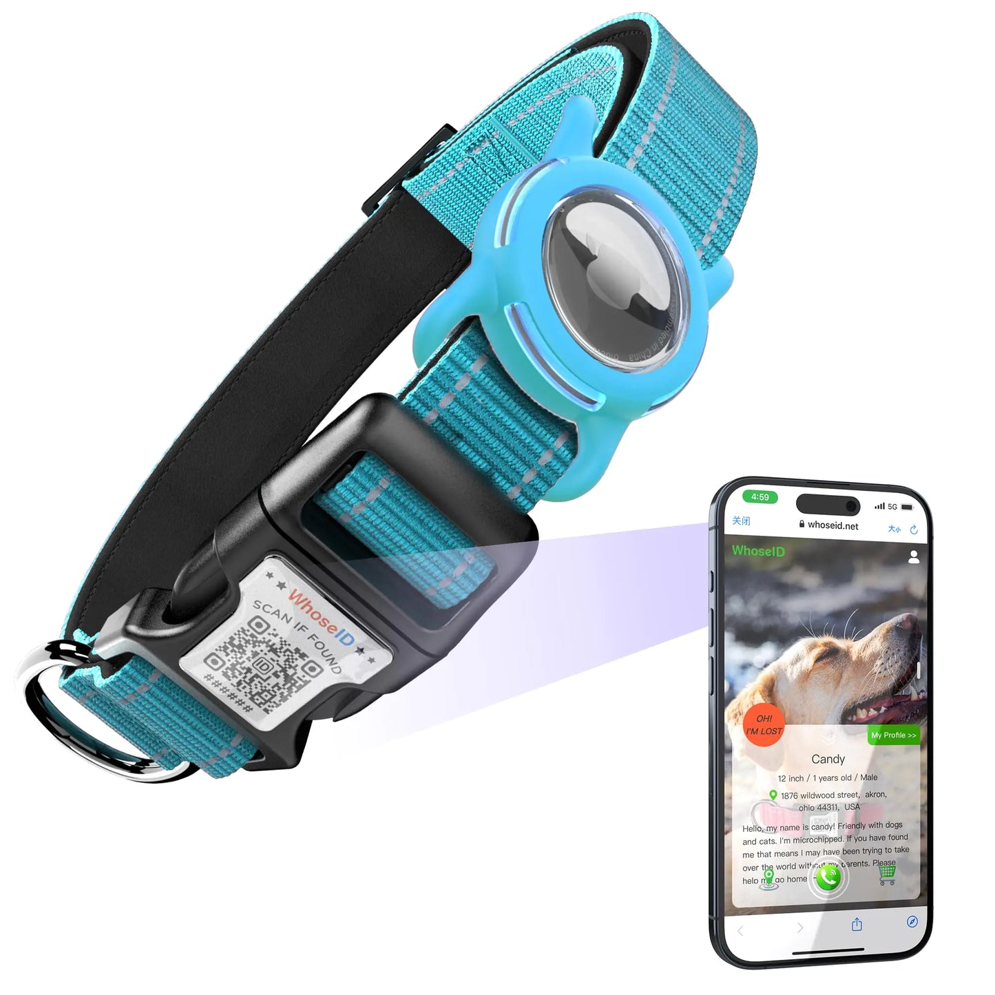 Airtag Dog Collar with QR Code Reflective Dog Collar with Airtag Holder Soft Padded & Safety Locking Buckle Adjustable Dog Collar for Medium Dogs (M-with Airtag HolderBlue)