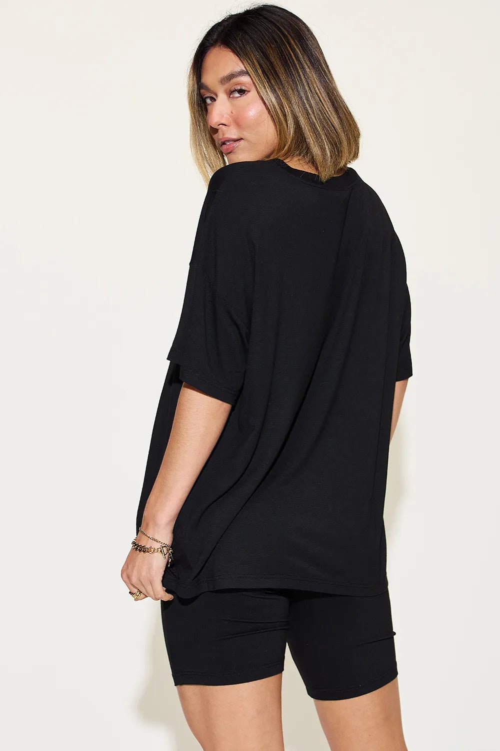 Basic Bae Full Size V - Neck Drop Shoulder T-Shirt and Shorts Set - Studio ZD - 