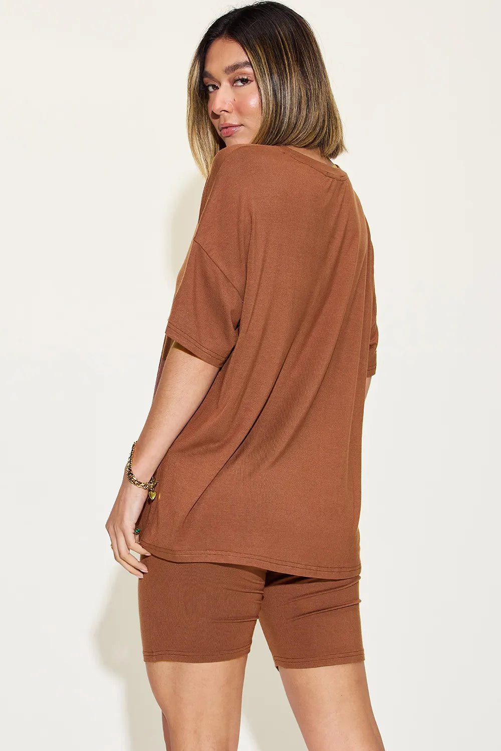 Basic Bae Full Size V - Neck Drop Shoulder T-Shirt and Shorts Set - Studio ZD - 