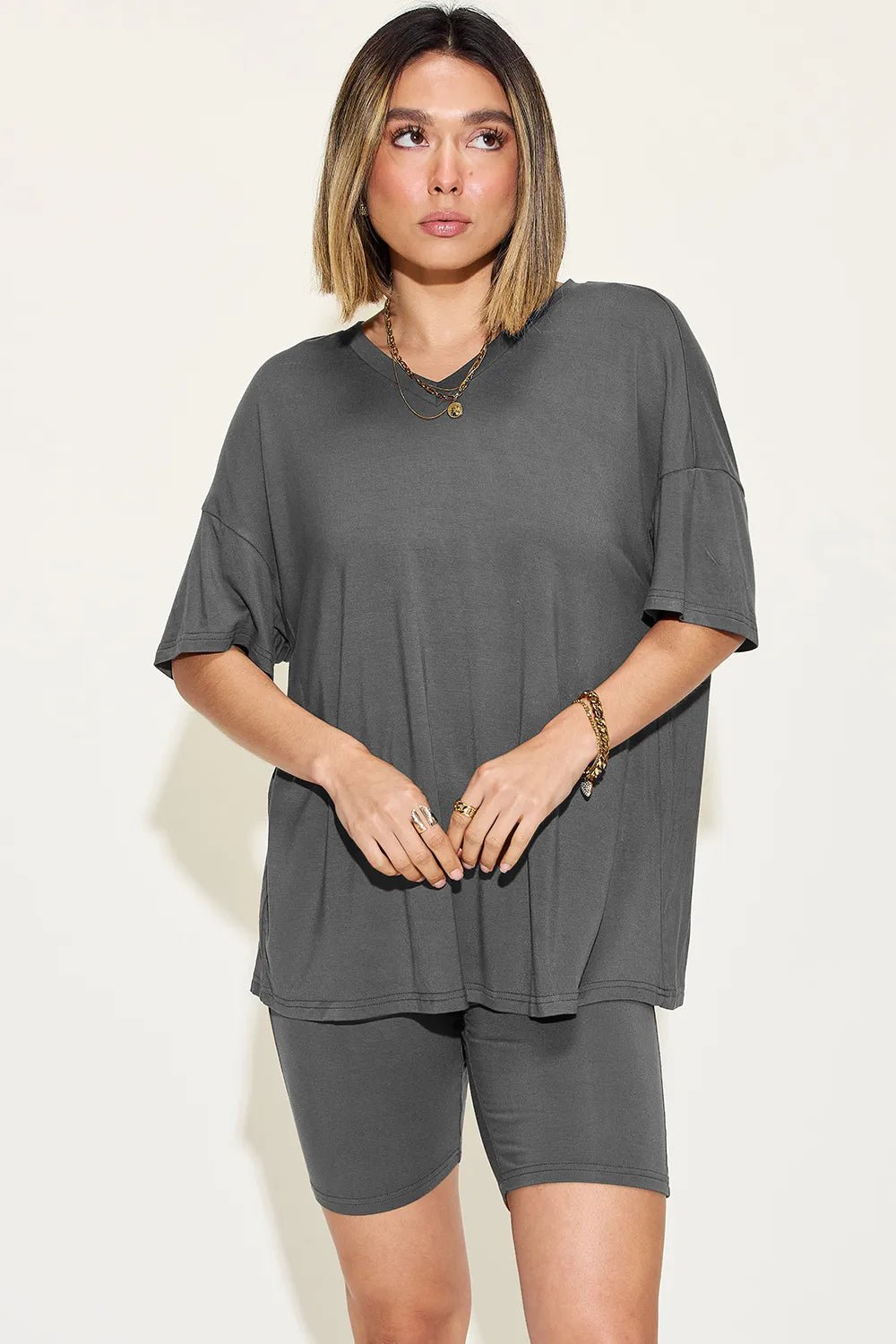 Basic Bae Full Size V - Neck Drop Shoulder T-Shirt and Shorts Set - Studio ZD - 