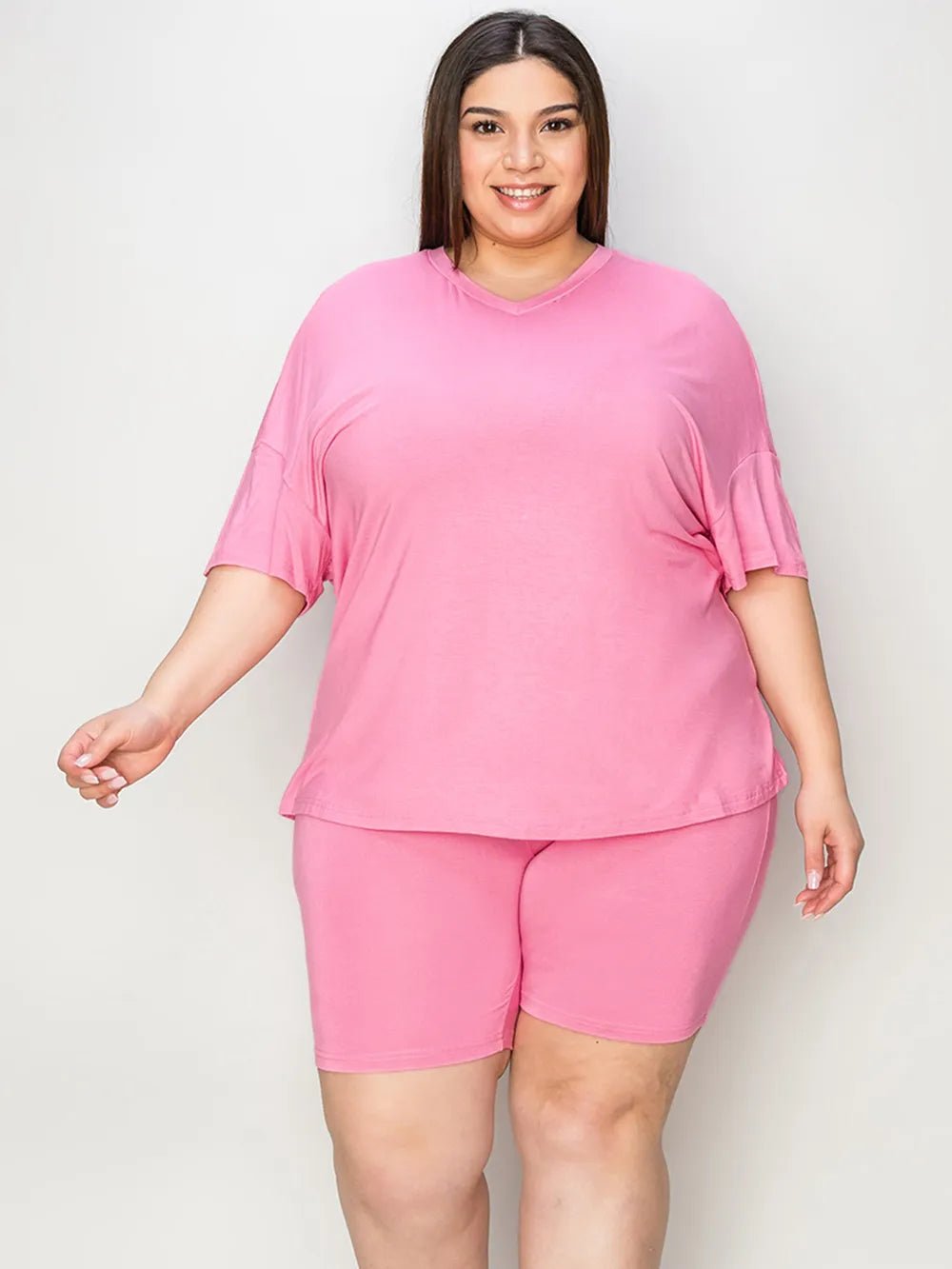 Basic Bae Full Size V - Neck Drop Shoulder T-Shirt and Shorts Set - Studio ZD - 