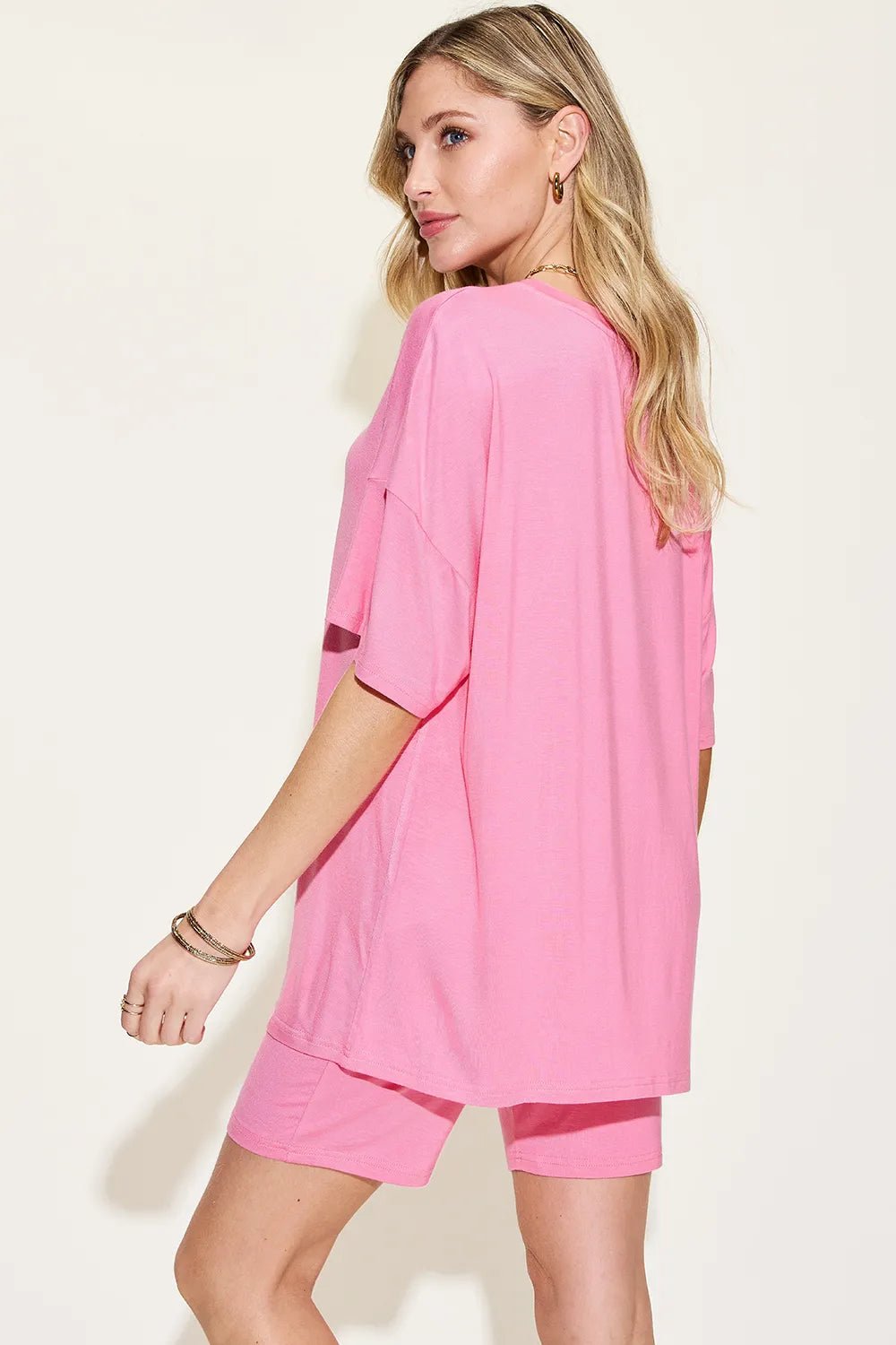 Basic Bae Full Size V - Neck Drop Shoulder T-Shirt and Shorts Set - Studio ZD - 