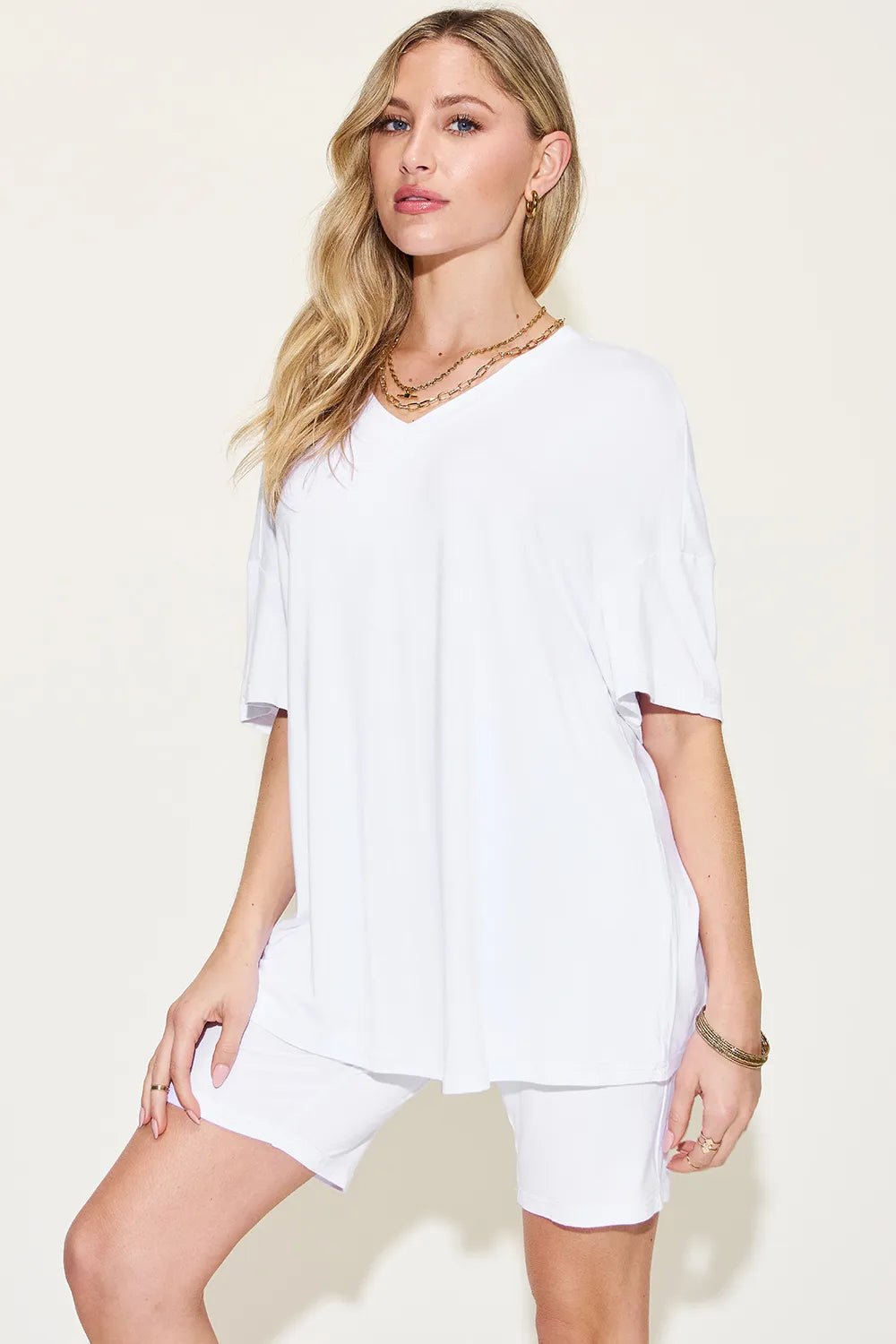 Basic Bae Full Size V - Neck Drop Shoulder T-Shirt and Shorts Set - Studio ZD - 