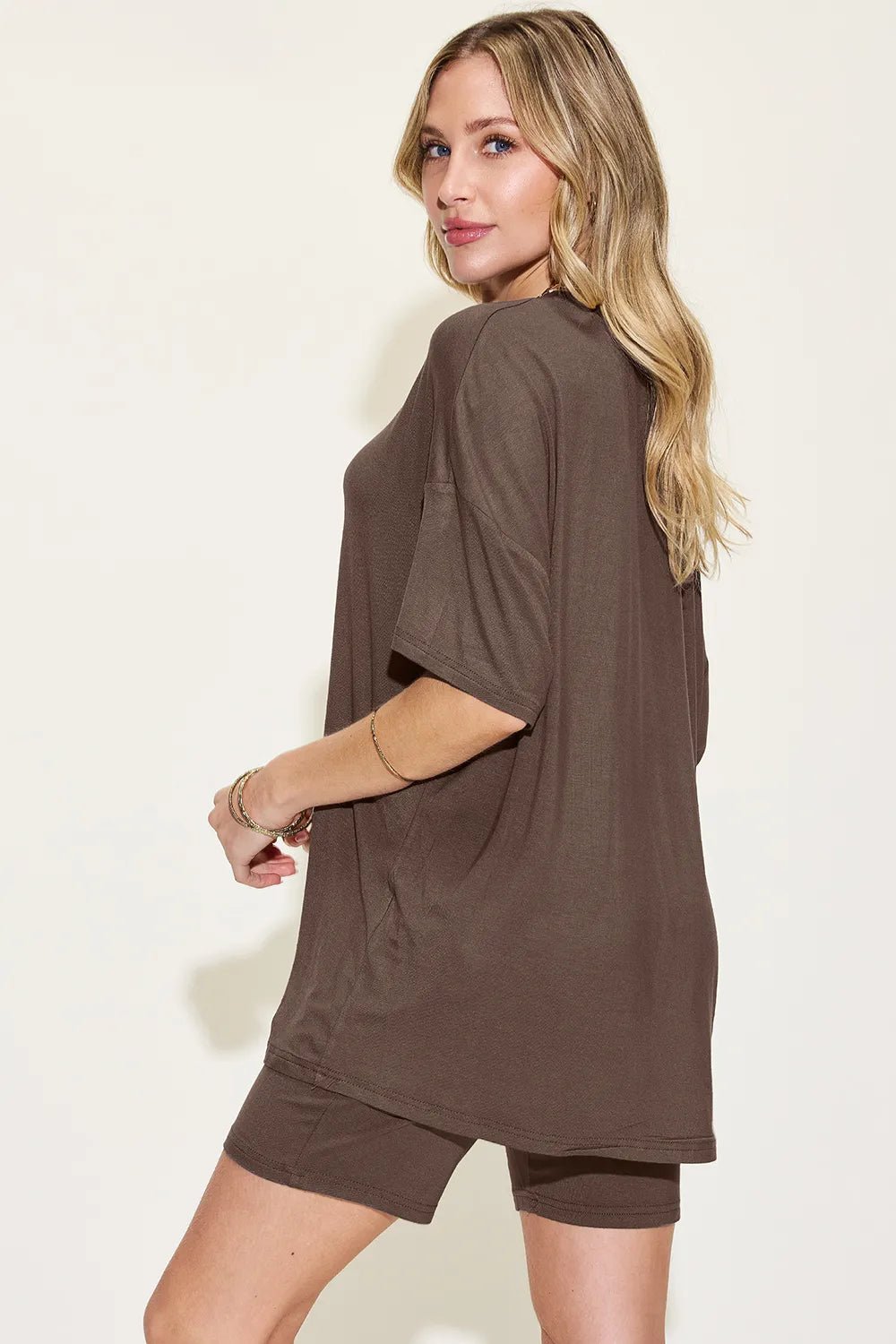 Basic Bae Full Size V - Neck Drop Shoulder T-Shirt and Shorts Set - Studio ZD - 