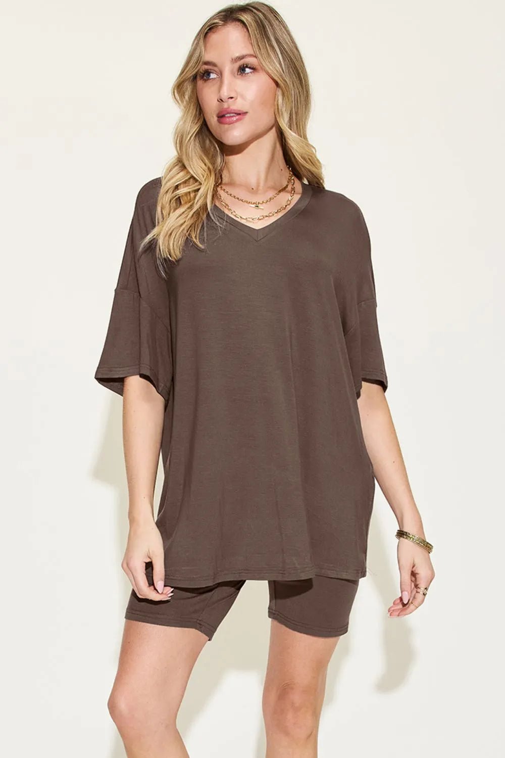 Basic Bae Full Size V - Neck Drop Shoulder T-Shirt and Shorts Set - Studio ZD - 