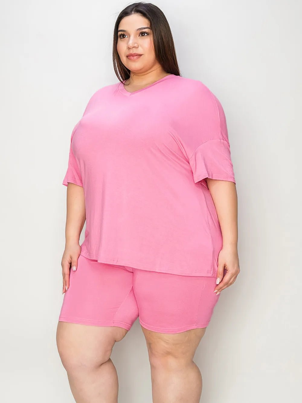 Basic Bae Full Size V - Neck Drop Shoulder T-Shirt and Shorts Set - Studio ZD - 