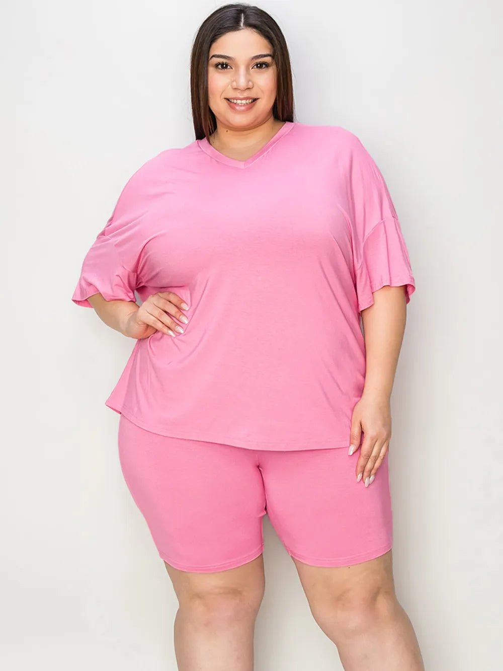 Basic Bae Full Size V - Neck Drop Shoulder T-Shirt and Shorts Set - Studio ZD - 