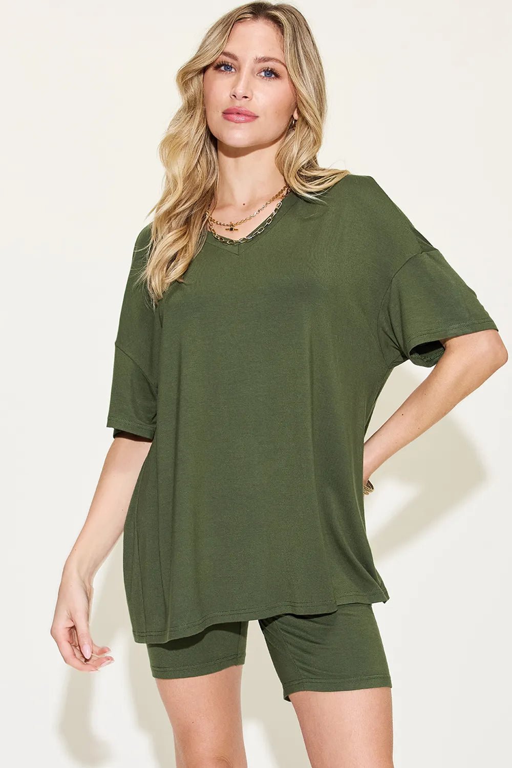 Basic Bae Full Size V - Neck Drop Shoulder T-Shirt and Shorts Set - Studio ZD - 