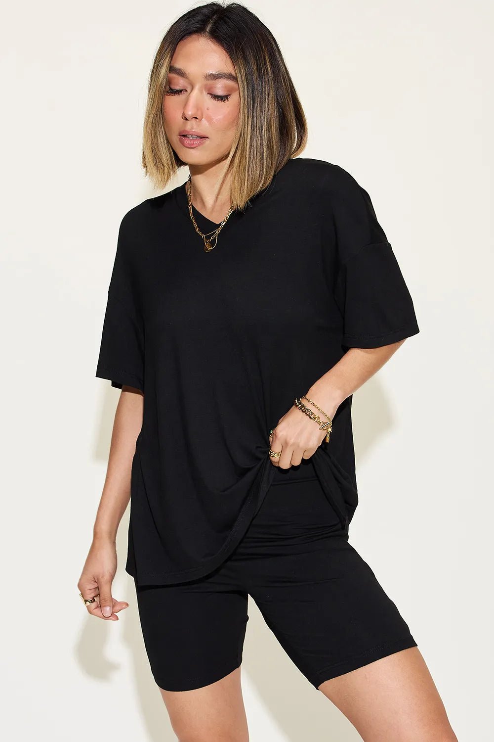 Basic Bae Full Size V - Neck Drop Shoulder T-Shirt and Shorts Set - Studio ZD - 