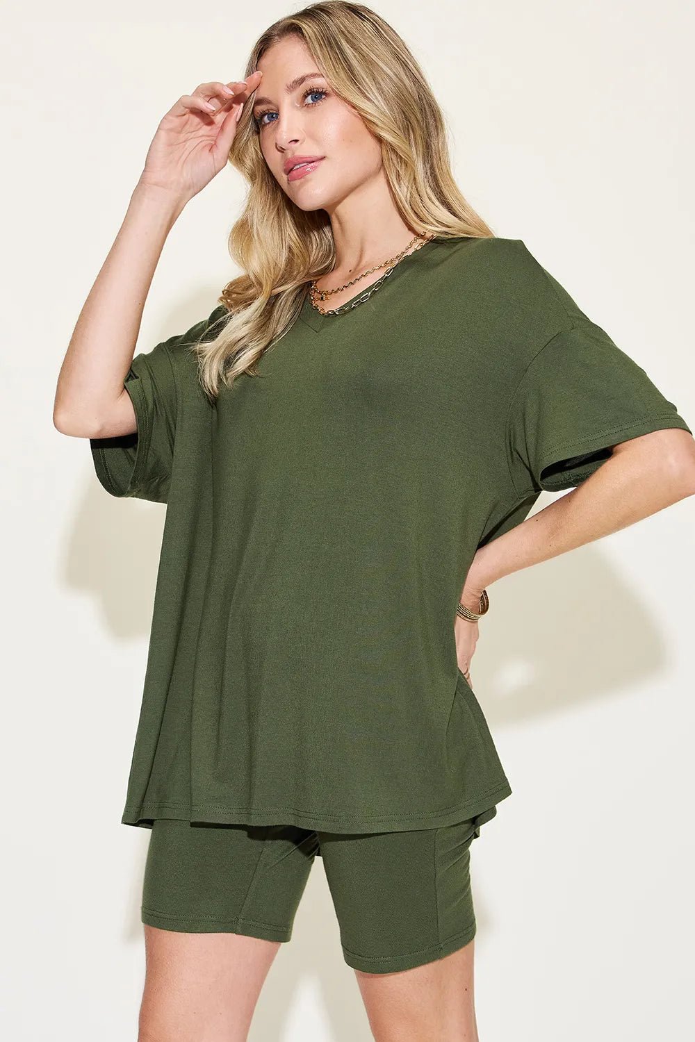 Basic Bae Full Size V - Neck Drop Shoulder T-Shirt and Shorts Set - Studio ZD - 
