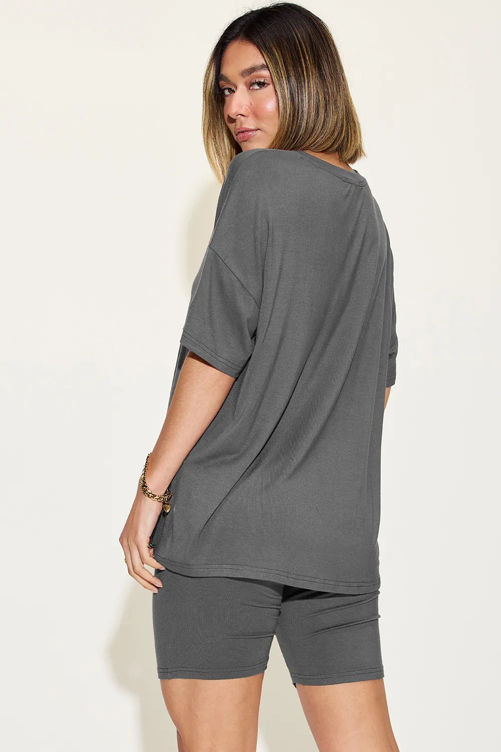 Basic Bae Full Size V - Neck Drop Shoulder T-Shirt and Shorts Set - Studio ZD - 