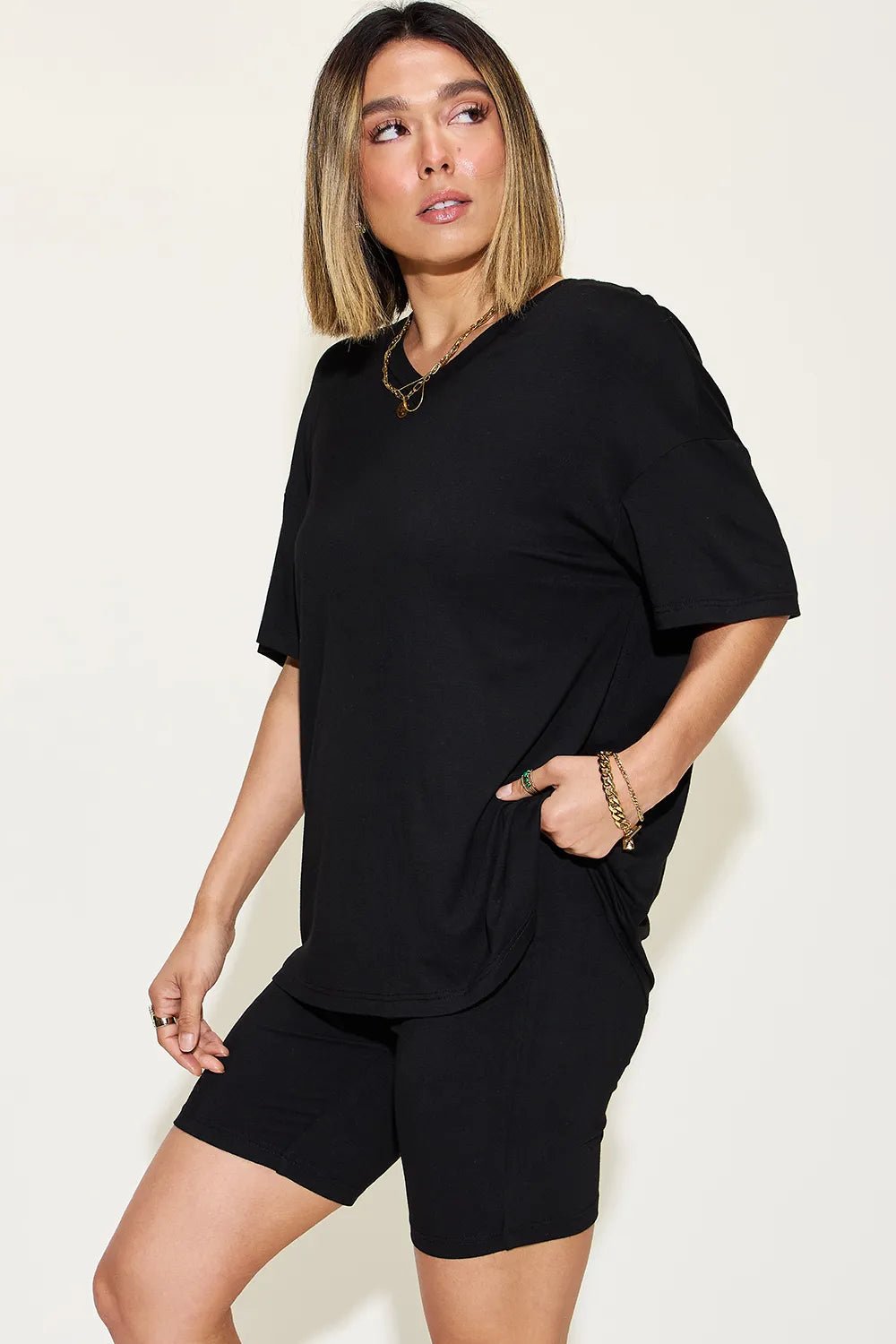 Basic Bae Full Size V - Neck Drop Shoulder T-Shirt and Shorts Set - Studio ZD - 