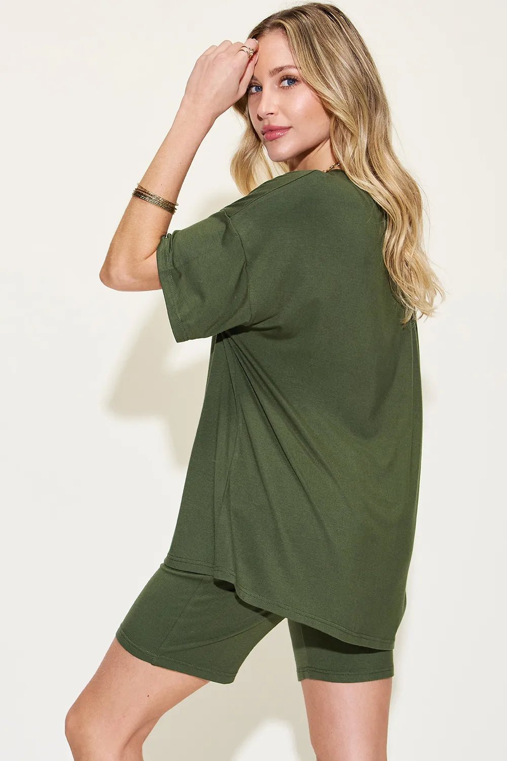 Basic Bae Full Size V - Neck Drop Shoulder T-Shirt and Shorts Set - Studio ZD - 