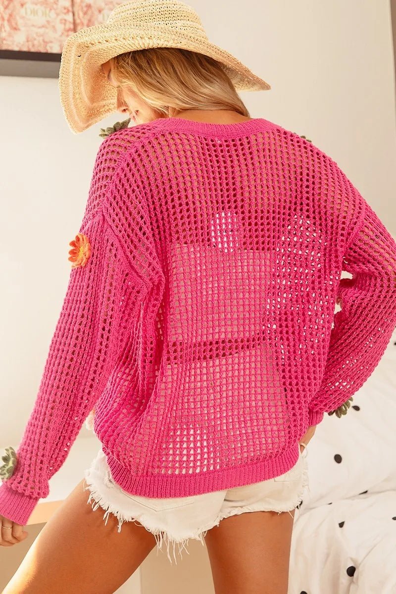 BiBi Flower Patches Open Knit Sweater Cardigan - Studio ZD - 