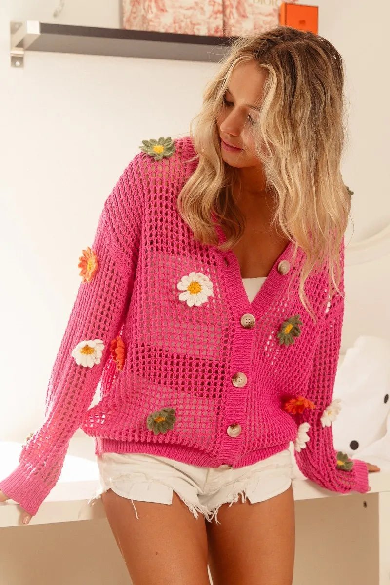 BiBi Flower Patches Open Knit Sweater Cardigan - Studio ZD - 