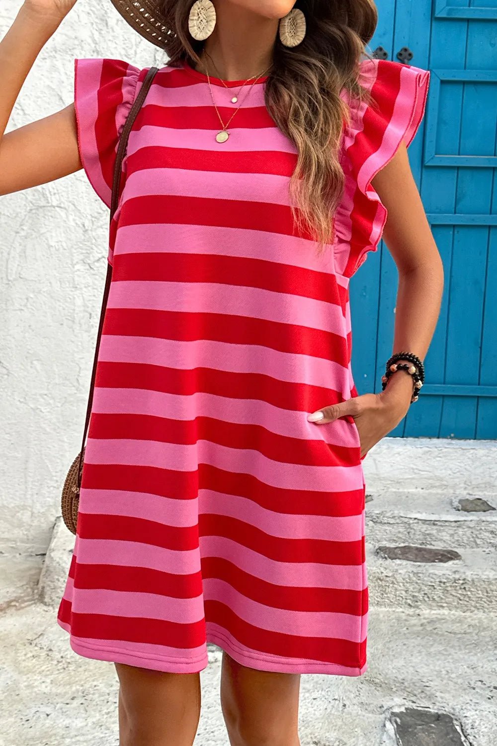 Contrast Striped Round Neck Cap Sleeve Mini Dress - Studio ZD - 