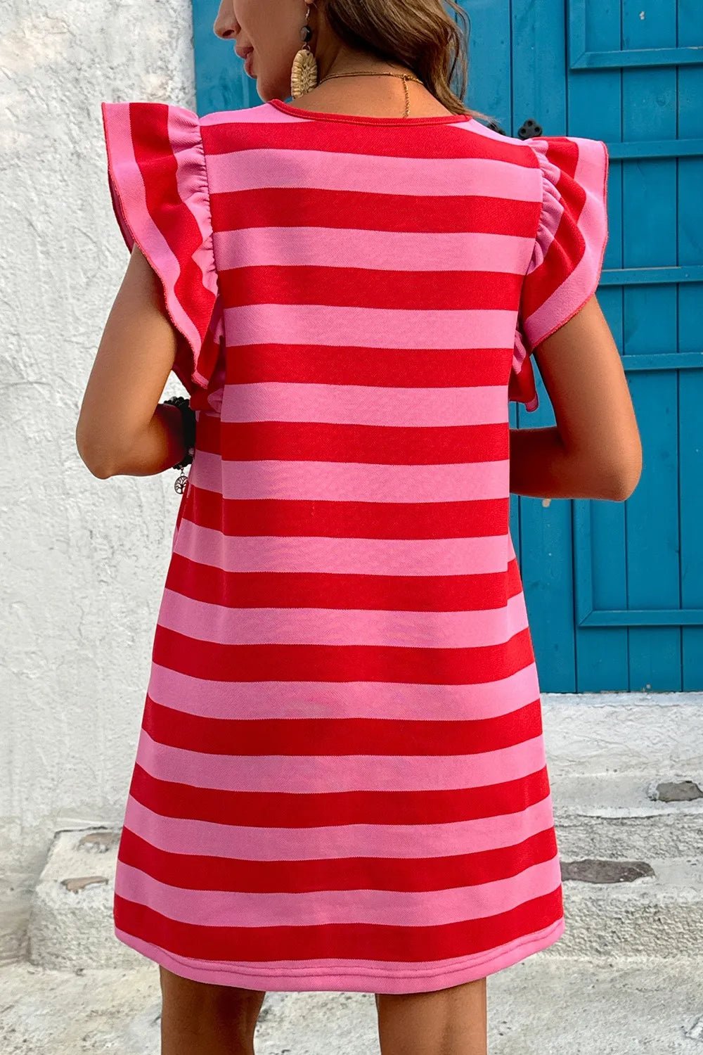 Contrast Striped Round Neck Cap Sleeve Mini Dress - Studio ZD - 