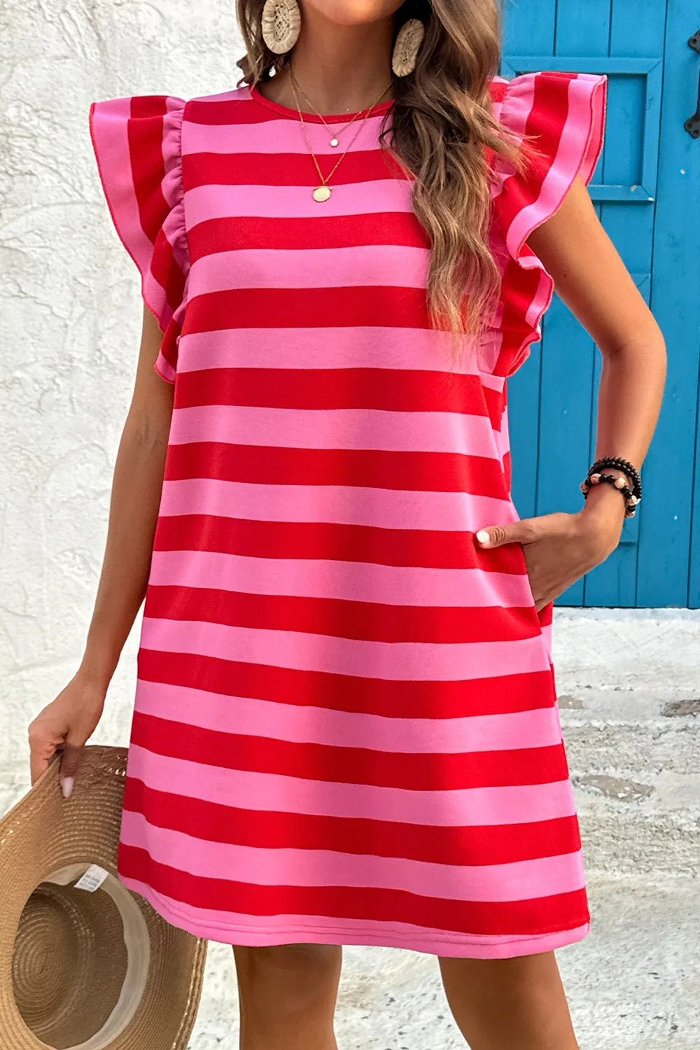 Contrast Striped Round Neck Cap Sleeve Mini Dress - Studio ZD - 