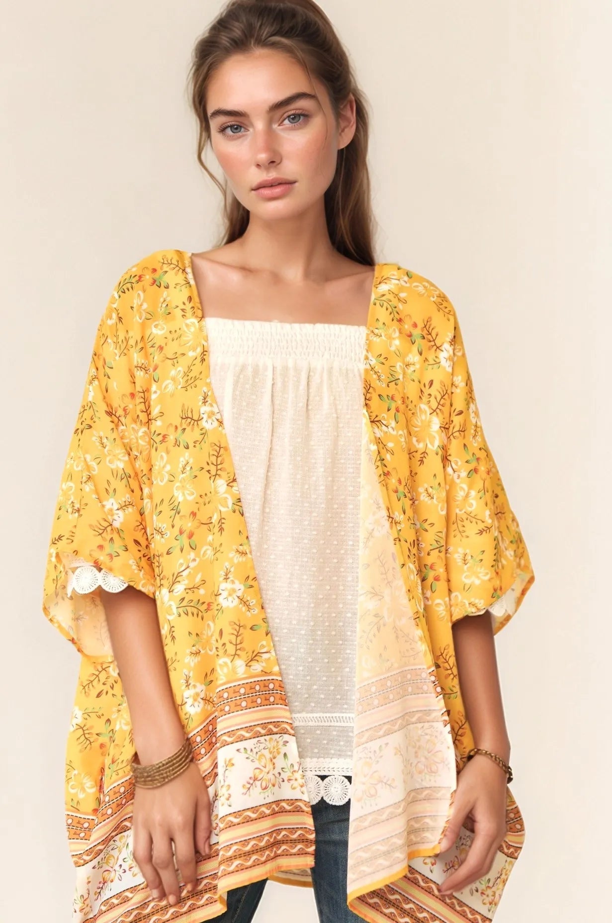 Davi & Dani Floral Printed Short Sleeve Loose Fit Kimono Cover Up - Studio ZD - 