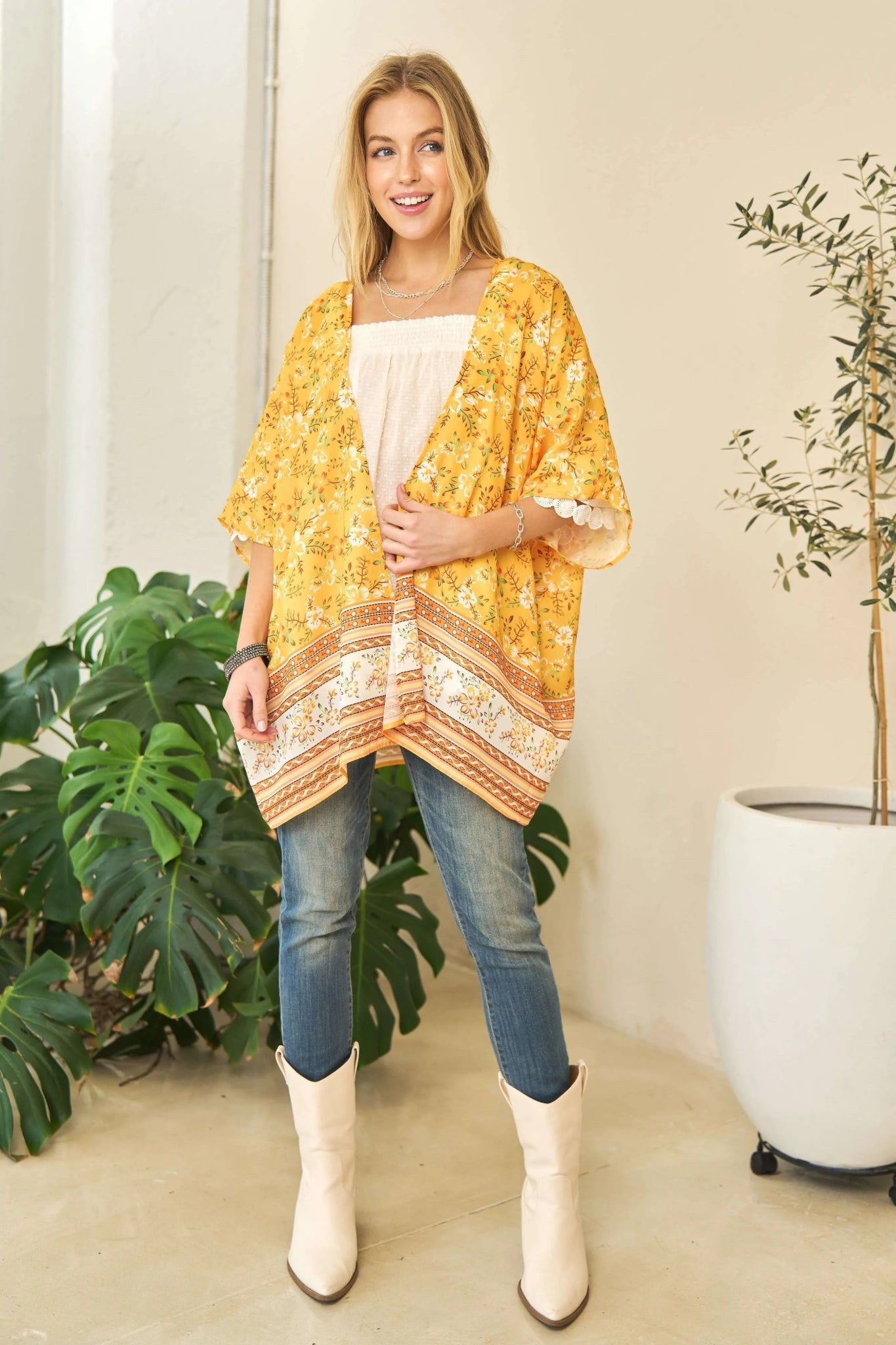 Davi & Dani Floral Printed Short Sleeve Loose Fit Kimono Cover Up - Studio ZD - 