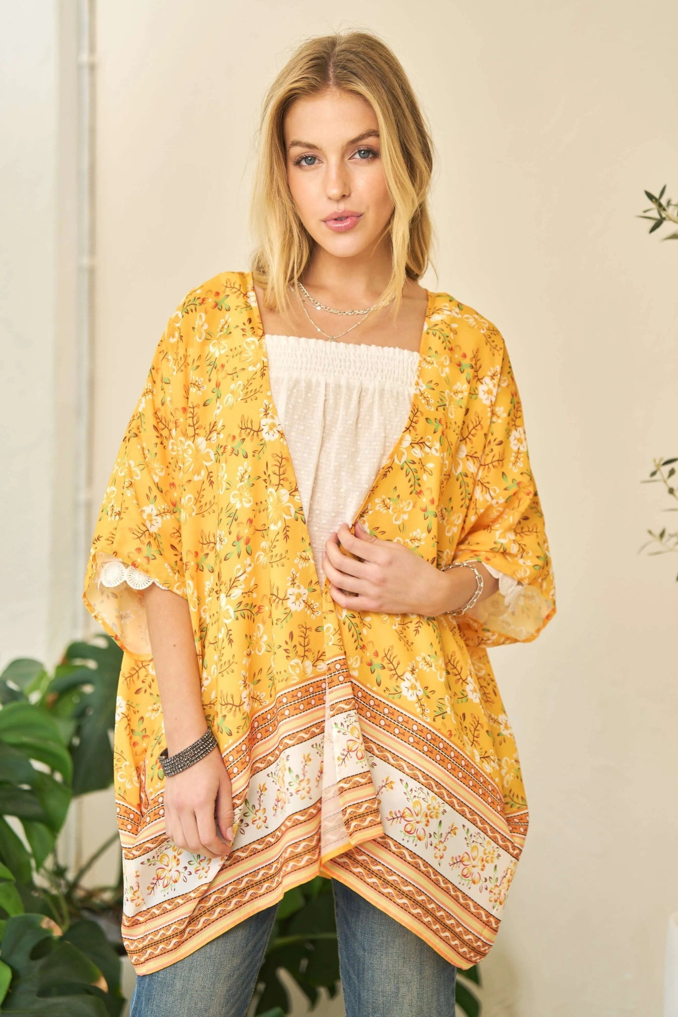 Davi & Dani Floral Printed Short Sleeve Loose Fit Kimono Cover Up - Studio ZD - 