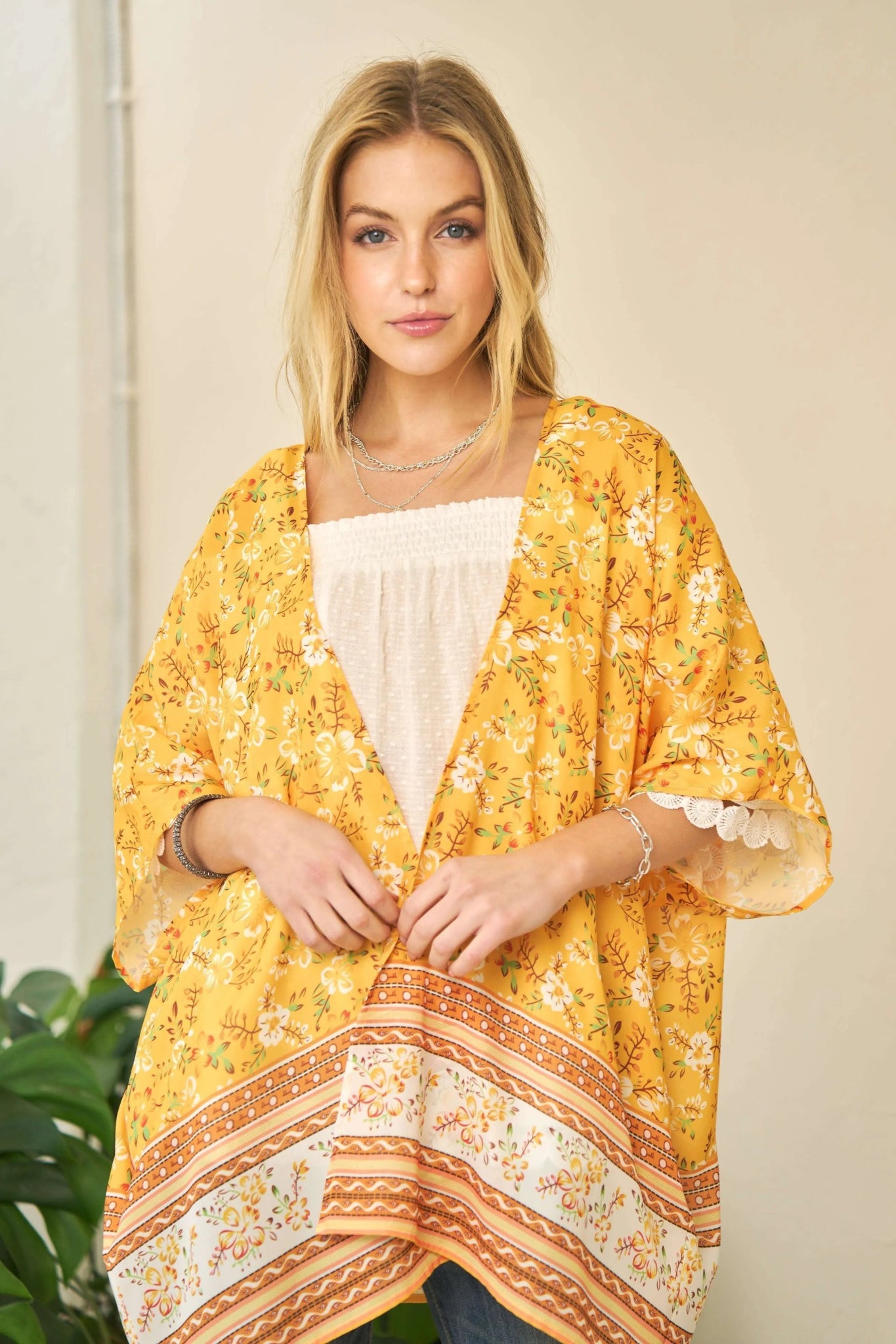 Davi & Dani Floral Printed Short Sleeve Loose Fit Kimono Cover Up - Studio ZD - 