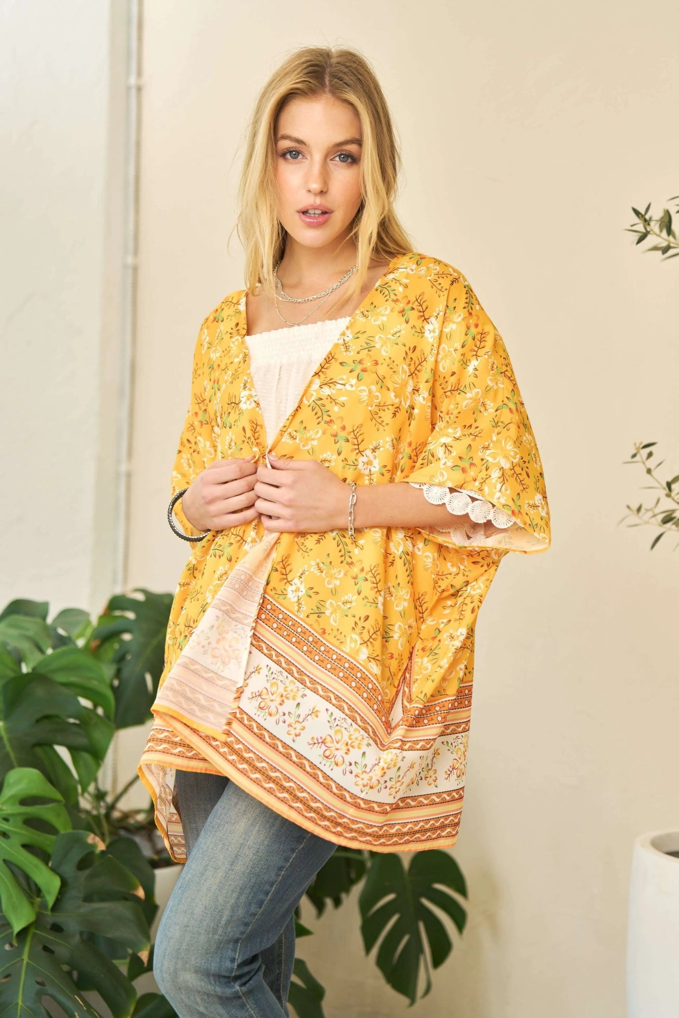 Davi & Dani Floral Printed Short Sleeve Loose Fit Kimono Cover Up - Studio ZD - 