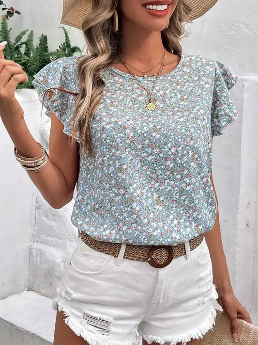 Ditsy Floral Round Neck Cap Sleeve Top - Studio ZD - 