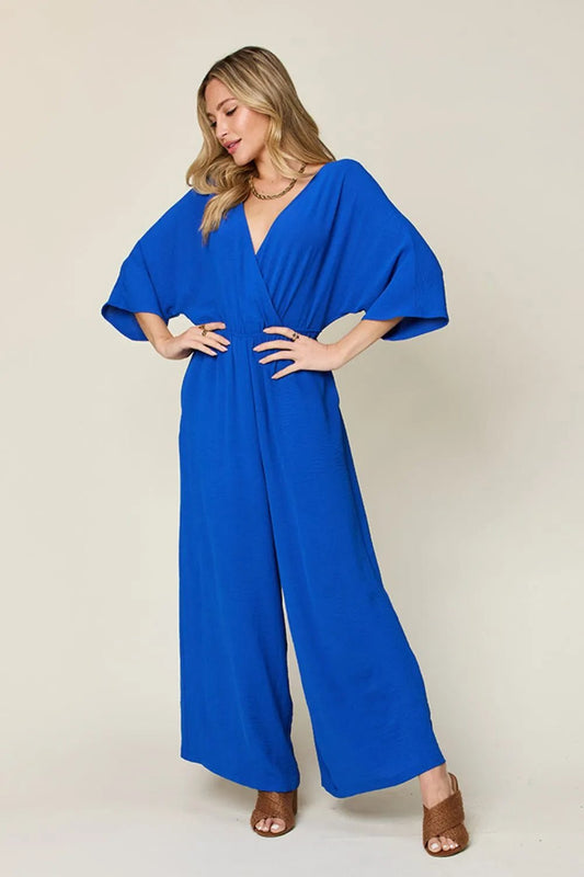 Double Take Full Size Surplice Wide Leg Jumpsuit with Pockets - Studio ZD - 