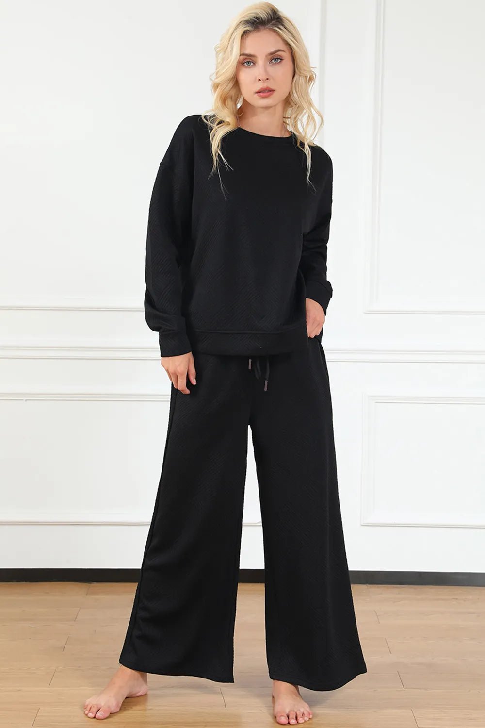 Double Take Full Size Textured Long Sleeve Top and Drawstring Pants Set - Studio ZD - 