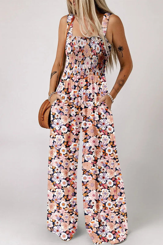Floral Print Smocked High Waist Square Neck Jumpsuit - Studio ZD - 