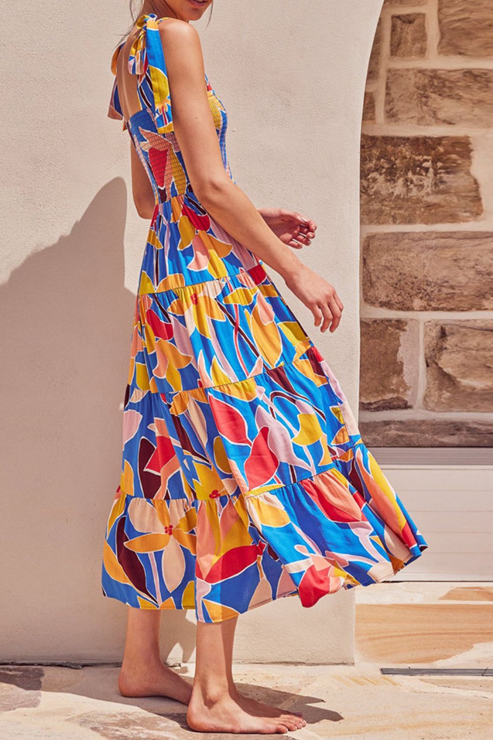Floral Tie Shoulder Smocked Tiered Dress - Studio ZD - 