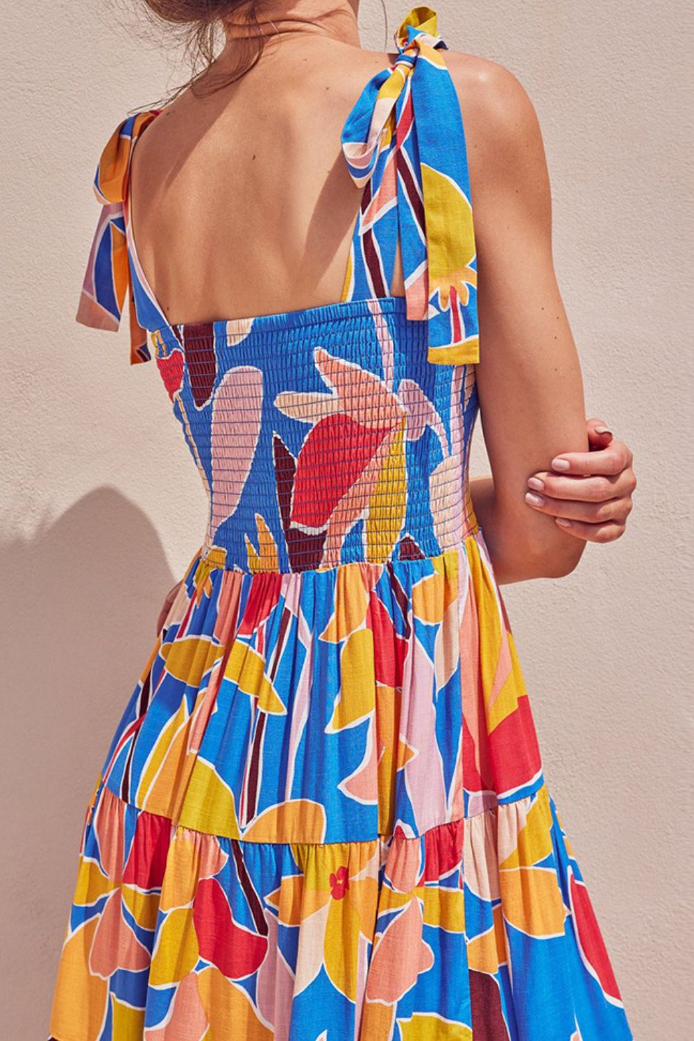 Floral Tie Shoulder Smocked Tiered Dress - Studio ZD - 
