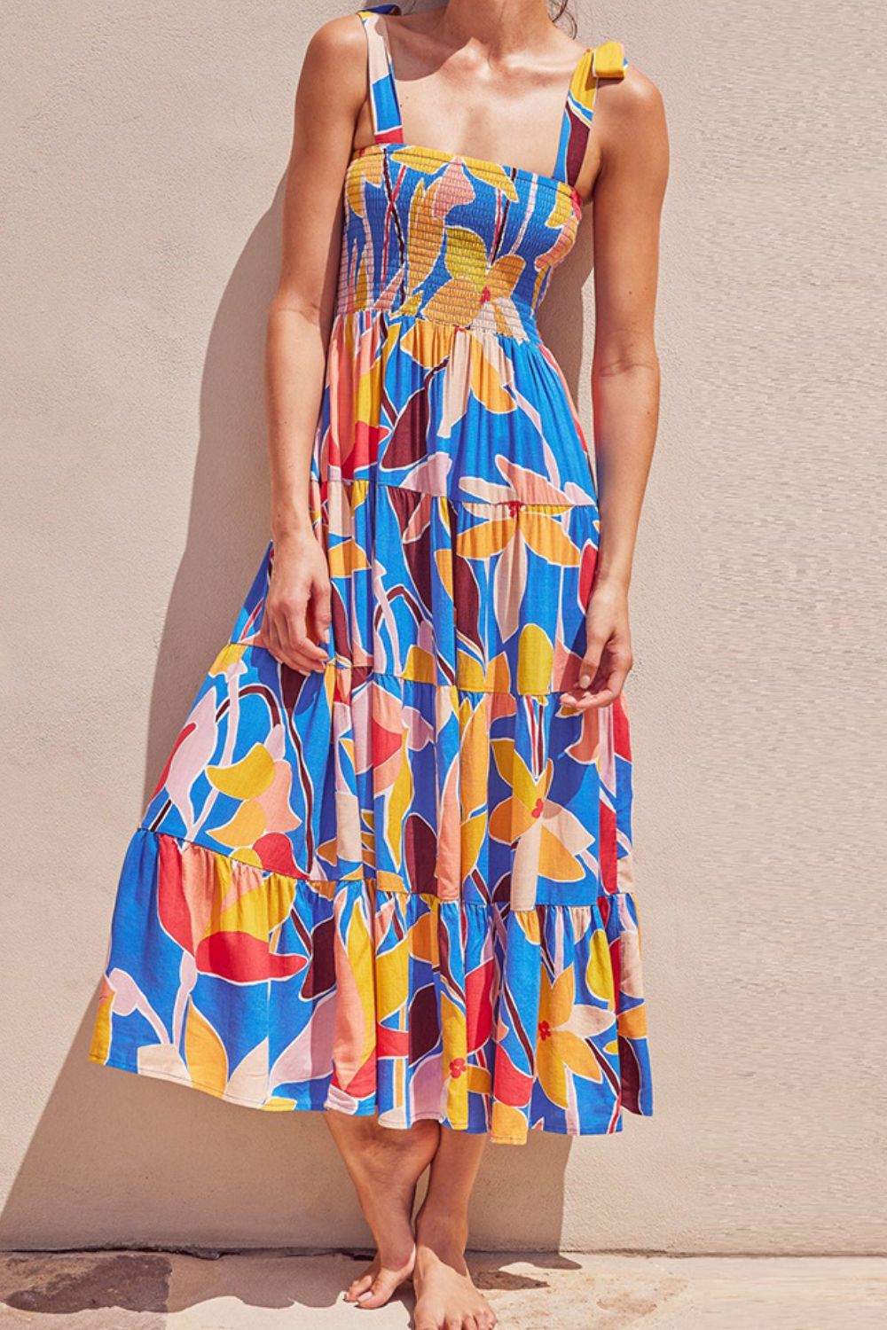 Floral Tie Shoulder Smocked Tiered Dress - Studio ZD - 