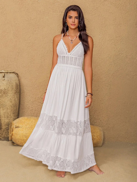 Lace Detail Crochet Tiered Maxi Cami Dress - Studio ZD - 