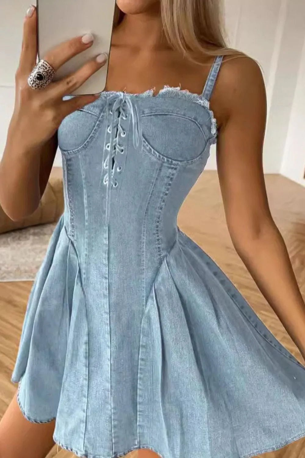Lace Up Denim Cami Dress - Studio ZD - 