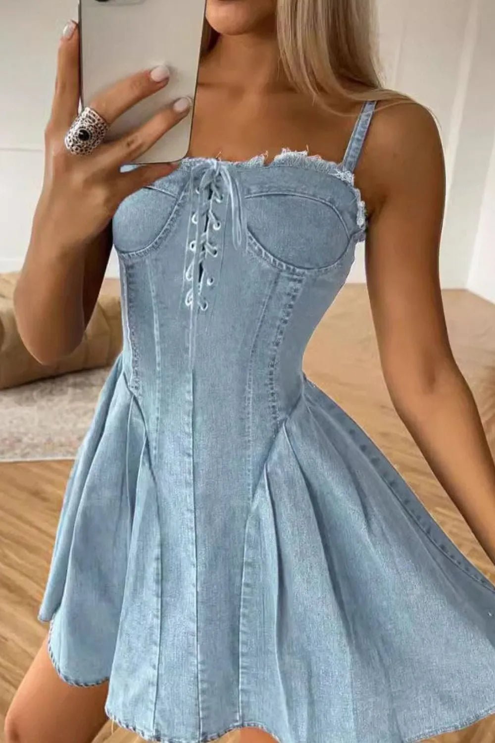 Lace Up Denim Cami Dress - Studio ZD - 
