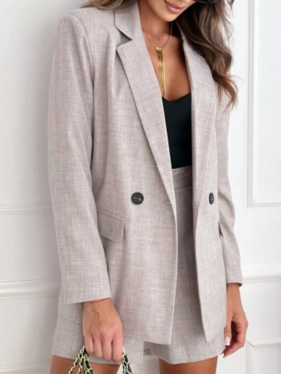 One Button Lapel Collar Blazer and Shorts Set - Studio ZD - 