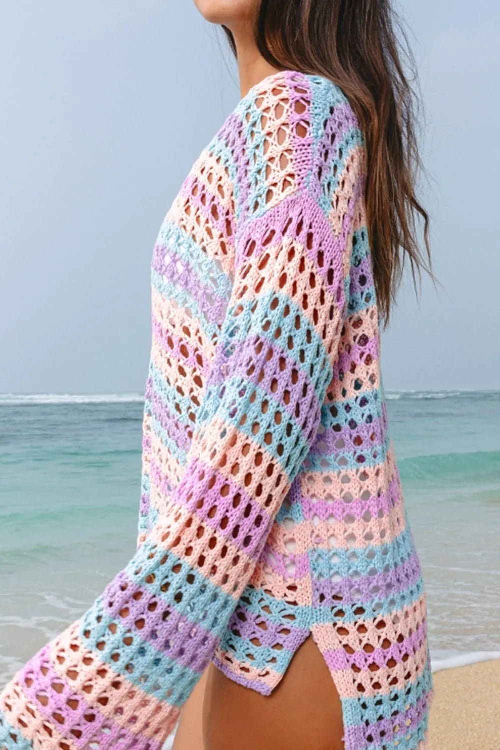 Openwork Side Slit Round Neck Striped Cover Up - Studio ZD - 