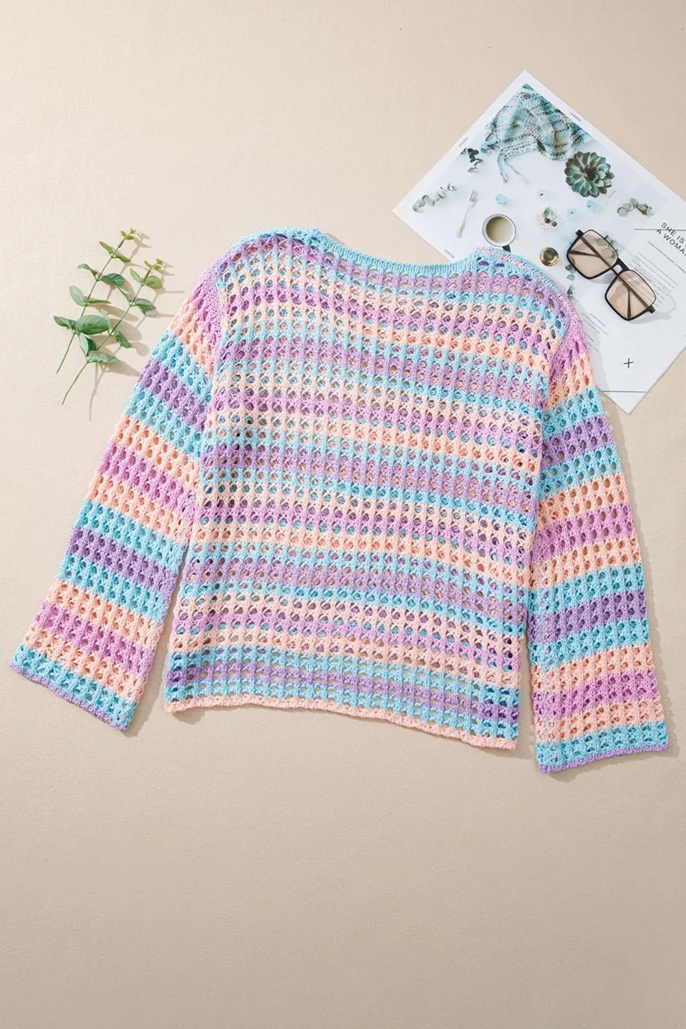 Openwork Side Slit Round Neck Striped Cover Up - Studio ZD - 